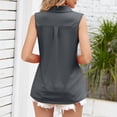 thumbnail image 4 of Women Turn Down Collar Tank Top V Neck Plain Color Middle Pleated Sleeveless Blouse Grey L, 4 of 6
