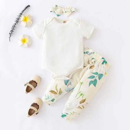 

NIUREDLTD Baby Girls Floral Autumn Short Sleeve Long Pants Romper Bodysuit Headbands Set Clothes