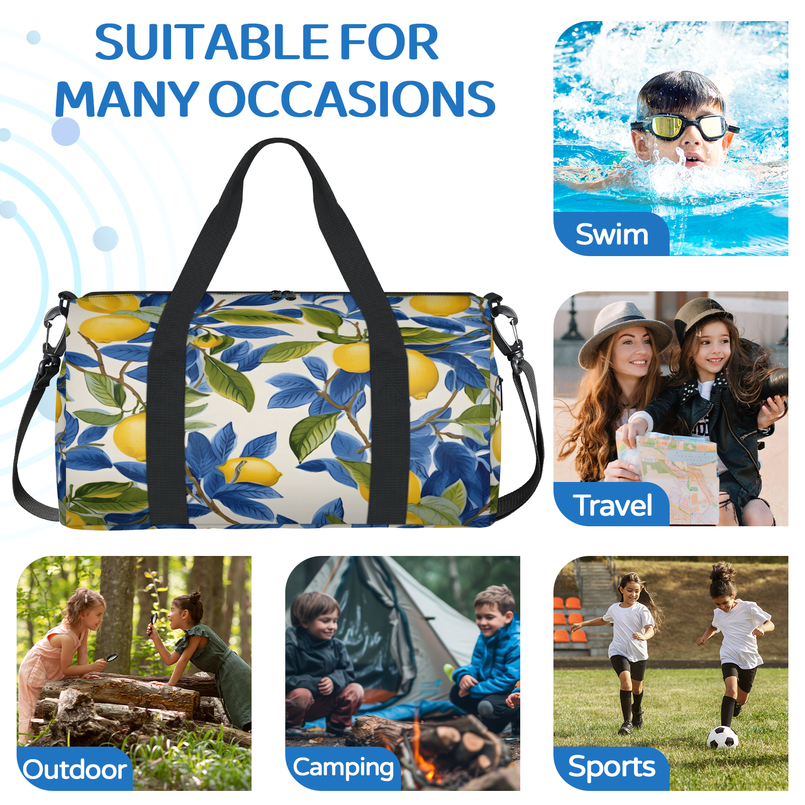 Herdesigns Lemon Gym Bag for Women, Duffle Bag for Travel Sport, Lemon Theme Lightweight Waterproof Carry on Weekender Dance Yoga Workout Bags