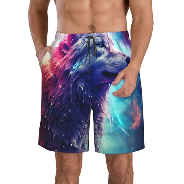 Fotbe Starry Multicolored Wolf Trajes de Baño Estampados para Hombre, Shorts de Verano de Secado Rápido, Ropa de Playa, Bañadores-Large