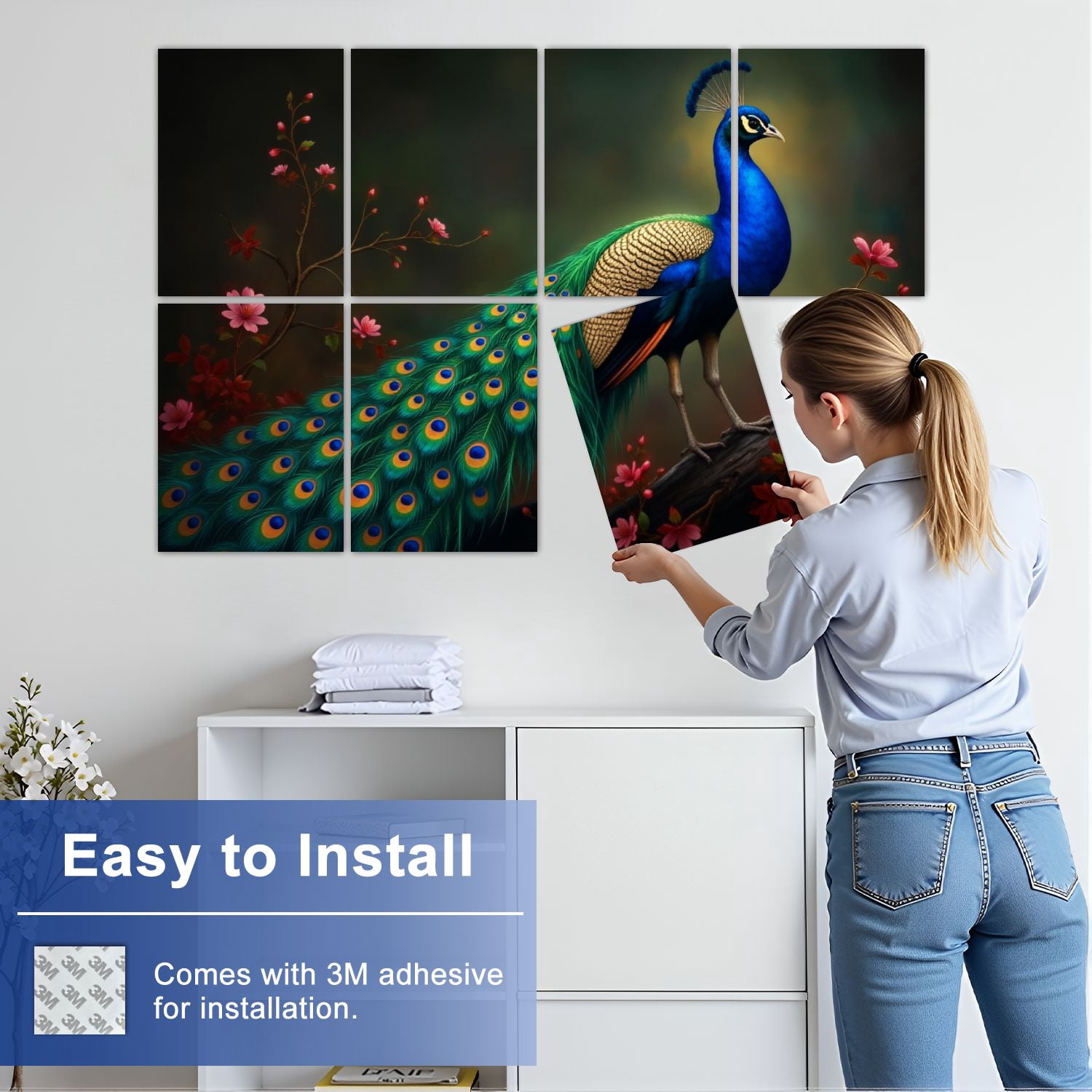 Vintage 8 Pack Art Acoustic Panels Sound Absorbing Vibrant Peacock Long Feathers Amid Red Blossoms Elegant Decorative Soundproof Wall Panels Self Adhesive for Nursery Game Room Bedroom 48"x32"