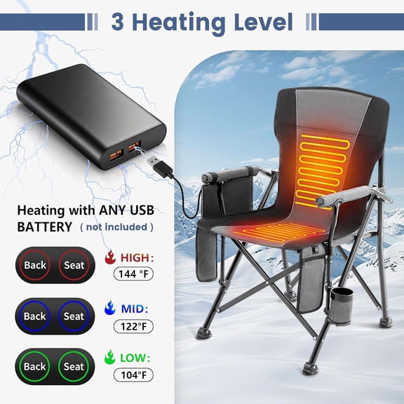 Heated Camping Chairs for Adults, Portable Heated Chairs for Outdoor, Outdoor Heated Chair, Folding Chairs, Heavy Duty Lawn Chairs for Adults, with Cup Holder, Grey