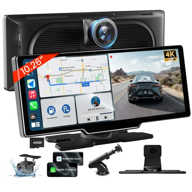 TECXERLLON Pantalla Carplay inalámbrica de 10,26 pulgadas para coche con cámara de salpicadero 4K y cámara de respaldo 1080P, receptores de audio portátiles para coche con Carplay y Android Auto, nave