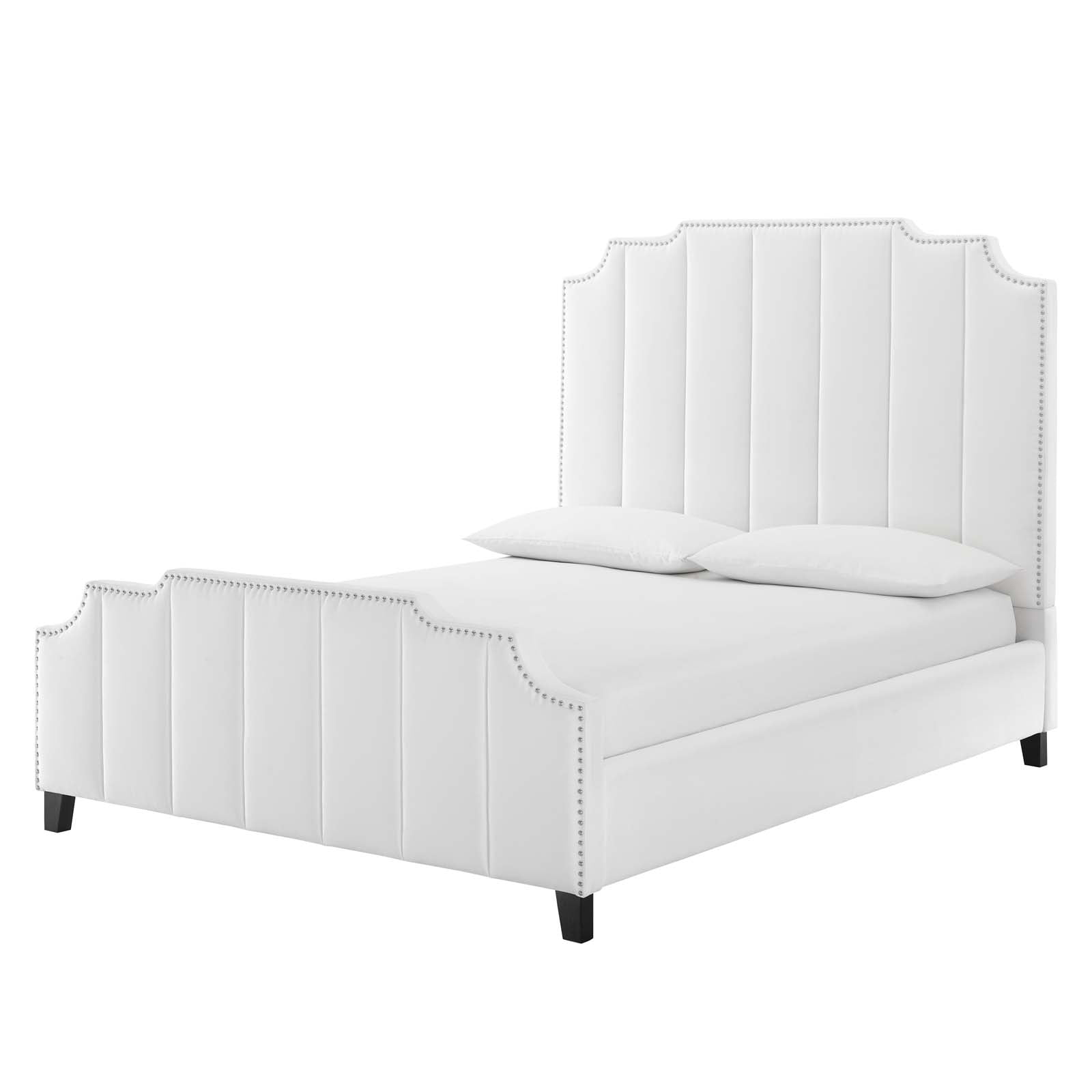 Platform Bed Frame, Queen Size, Velvet, White, Modern Contemporary