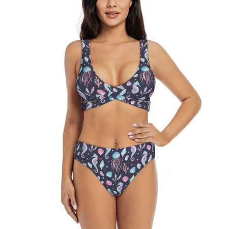 Zeuib Watercolor Marine Animals High Waisted Tummy Control Bikini Set - Knot Front Push Up Top & Cheeky Thong Bottom  Two-Piece Swimsuit for Women-Small