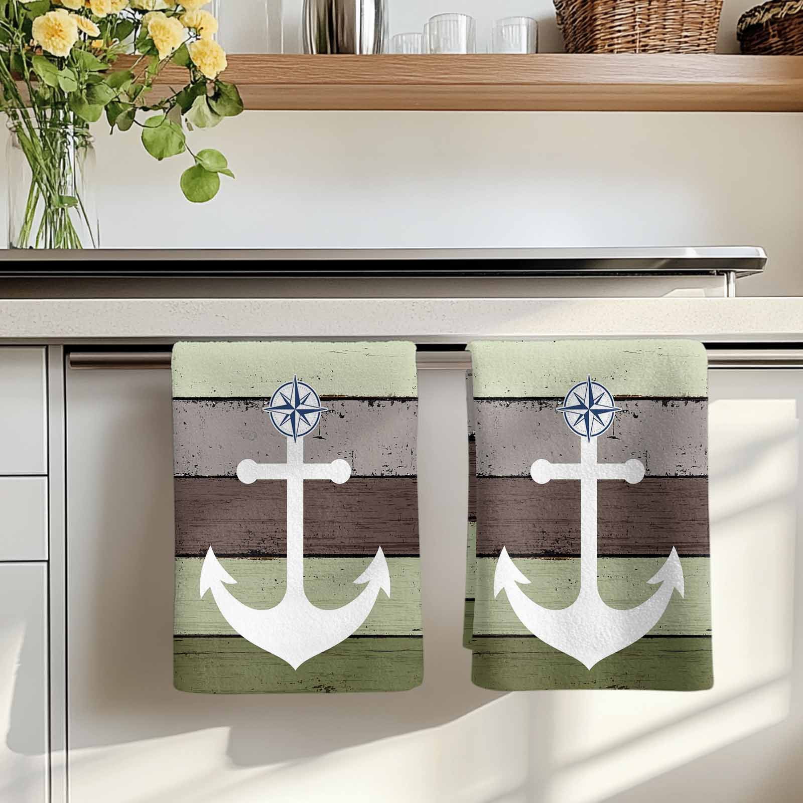 Dish Towels, Nautical Anchor Absorbent Kitchen Towels 2 PCS, Vintage Sage Green Wood Grain Microfiber Hand Towels Dish Cloths Tea Towels for Home&nbsp;Bathroom Cleaning Drying,18X28-Inch,
