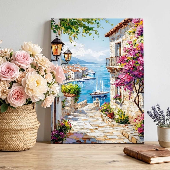 Canvas Wall Art Mediterranean Alley Canvas Art Print Coastal Pink Blooming Bougainvillea Sailboats Pictures Wall Decor for Living Room Bedroom Artwork Stretched Framed Ready to Hang 11"x14"