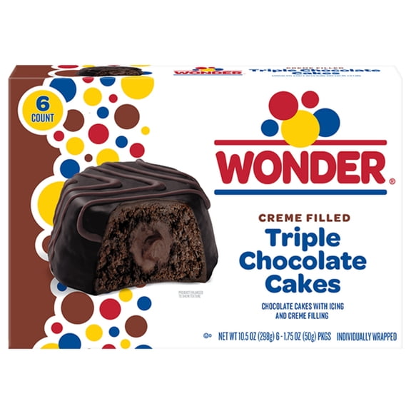 Wonder Crème Filled Triple Chocolate Cakes, Individually Wrapped Chocolate Snack Cakes, 6 Count