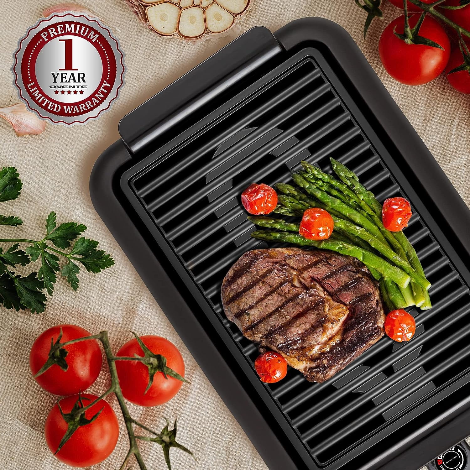 Ovente Electric Indoor Grill with 15 x 10-inch Non-Stick Cooking Plate,  Dishwasher-Safe Base and Removable Drip Tray, Adjustable Temperature Knob