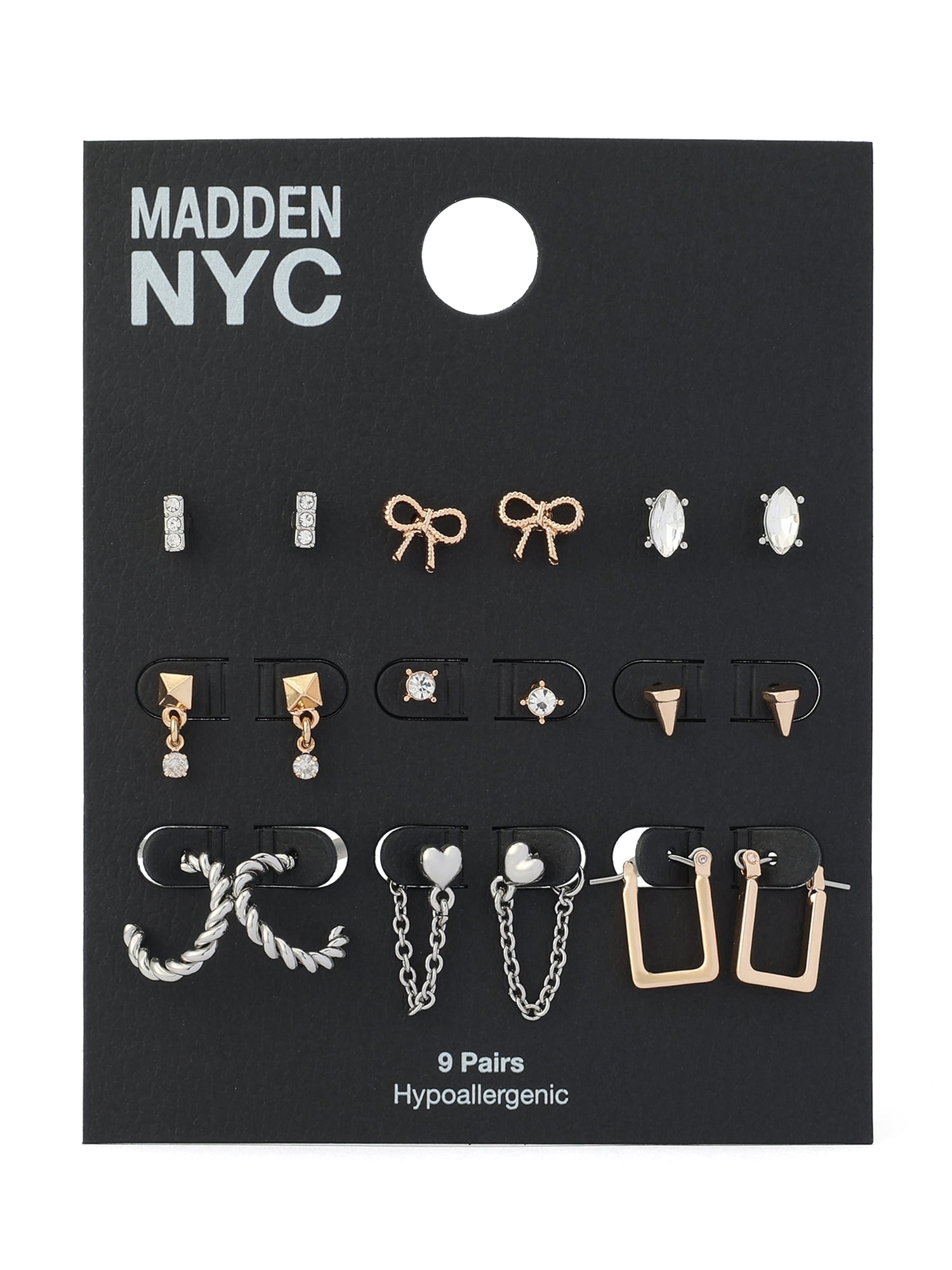 Madden NYC Women's Fashion Crystal Pave Bow Stud & Hoop Earring 9-Piece Set