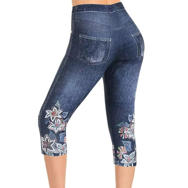 Women Stretchy Faux Denim Jeans Leggings High Waist Tummy Control Pencil  Pants