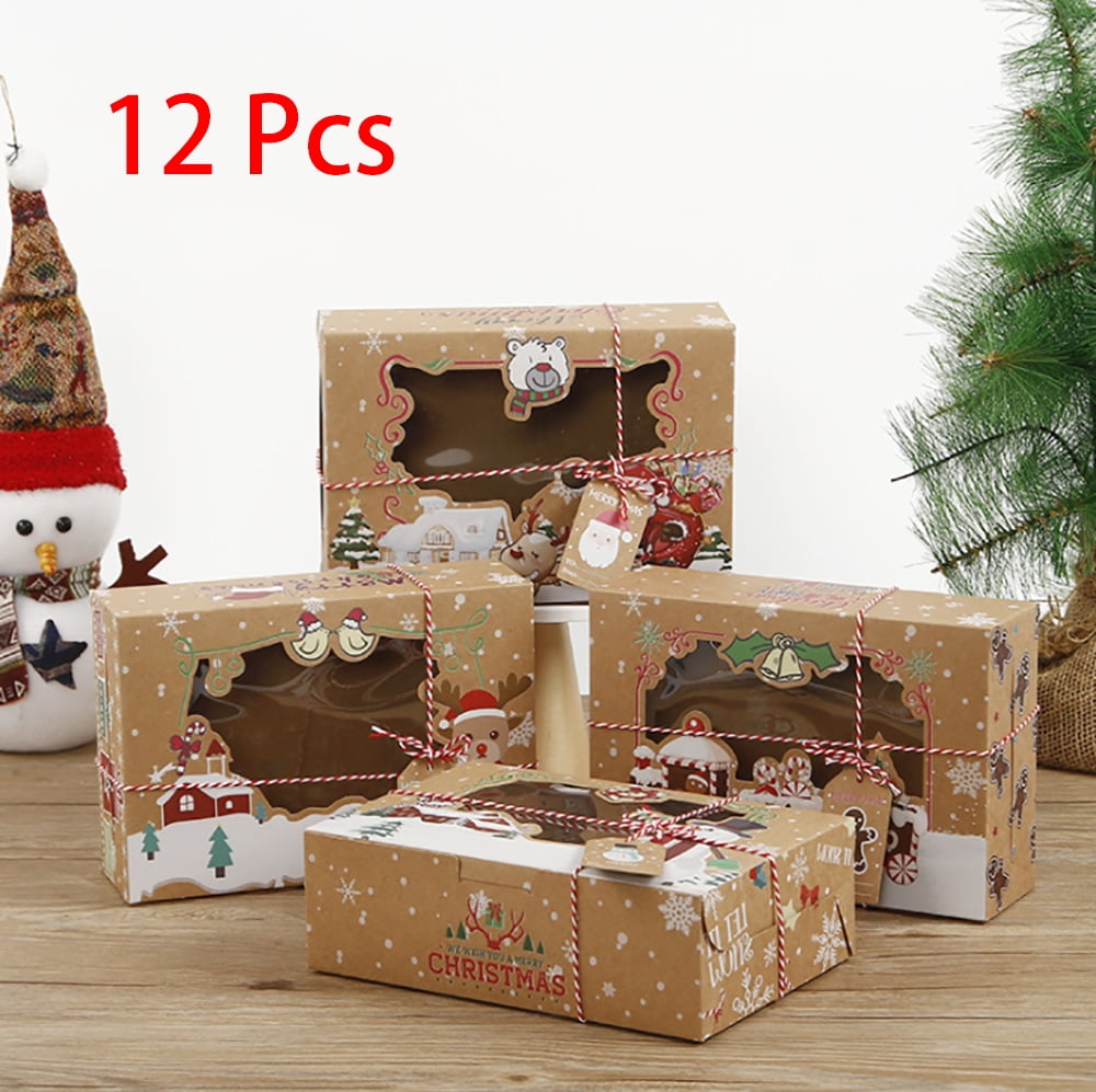 Bakery Treat Boxes with Window Kraft Packaging Containers & Tins with Lids Candy and Cookie Boxes for Gift Giving Bulk 12 Pack Kraft Large Holiday Christmas Food Christmas Cookie Boxes 