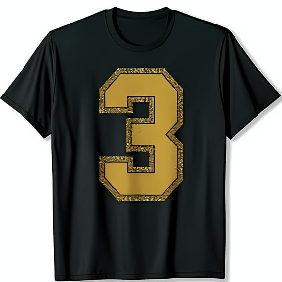 Stylish Black T-Shirt with Bold Gold Glitter Number 3 Chest Graphic