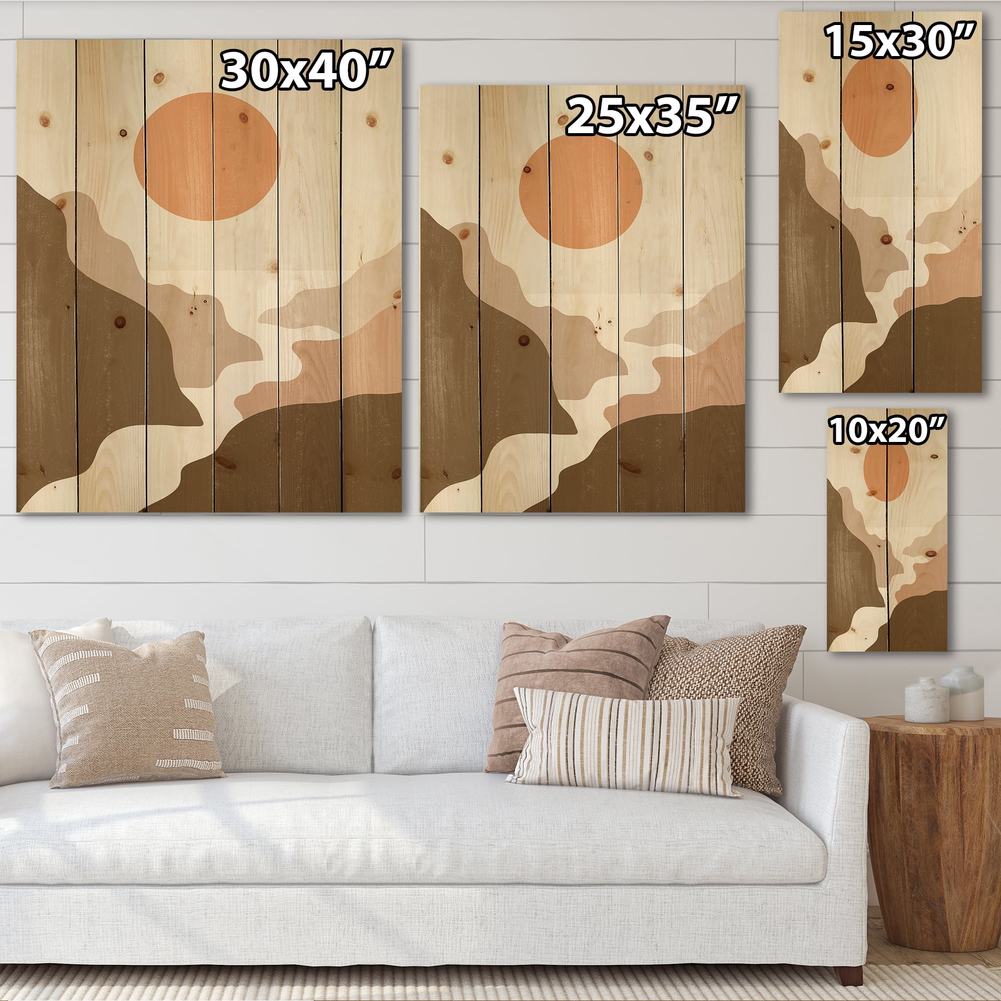 Designart 'Full Moon In Terracotta Tones Mountains' Modern Print on Natural Pine Wood