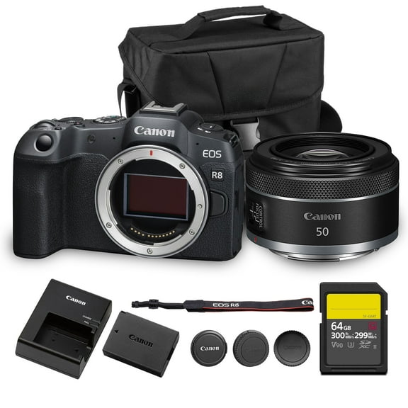 Canon EOS R8 Mirrorless Camera | 24.2MP Full Frame Sensor 4K 60p Video | Compact Lightweight Hybrid Camera for Travel and Content (5803C002)   Canon RF 50mm f/1.8 STM Lens   64GB Card   Bag