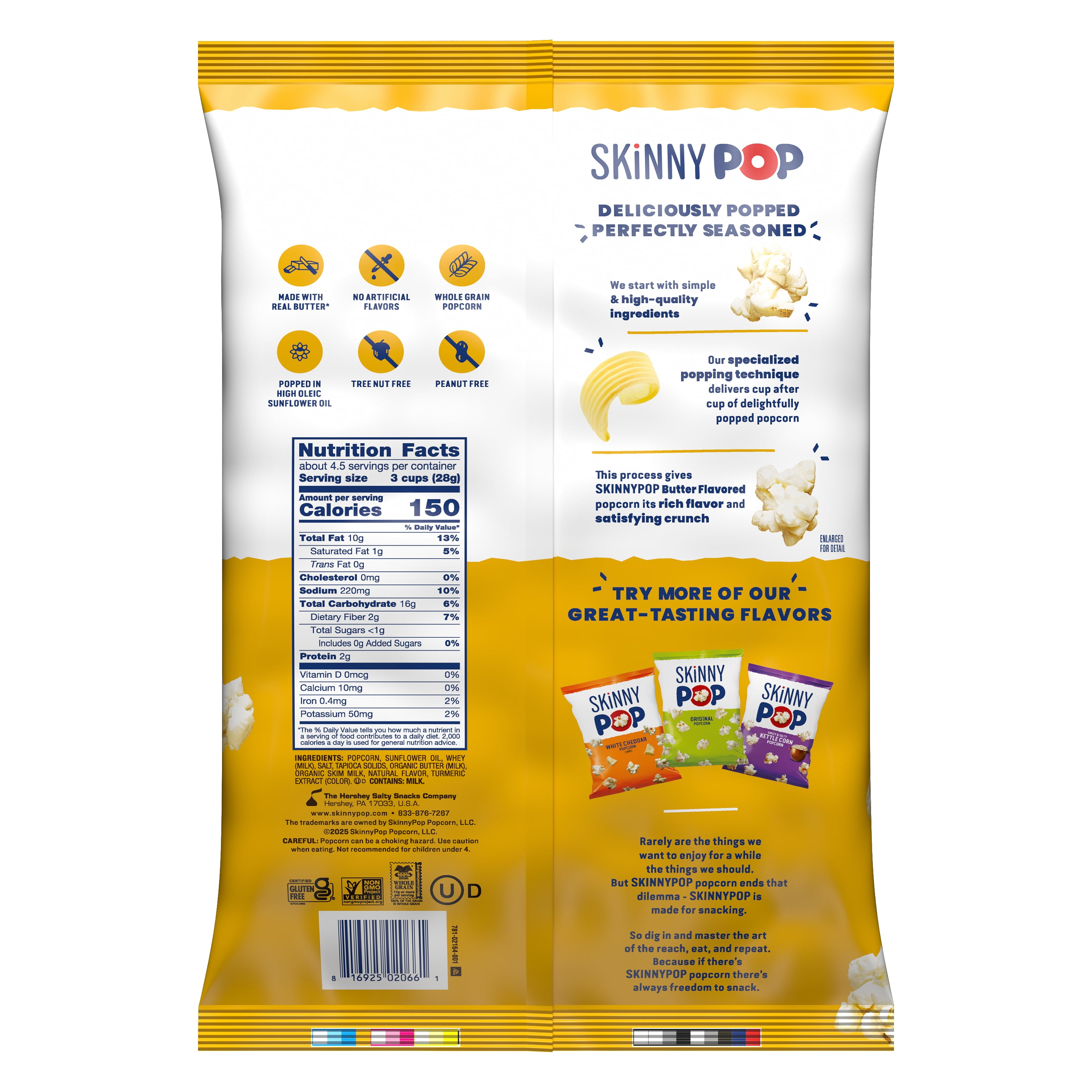 (6 pack) SKINNYPOP Gluten-Free Butter Popcorn Snack, 4.4 oz Bag