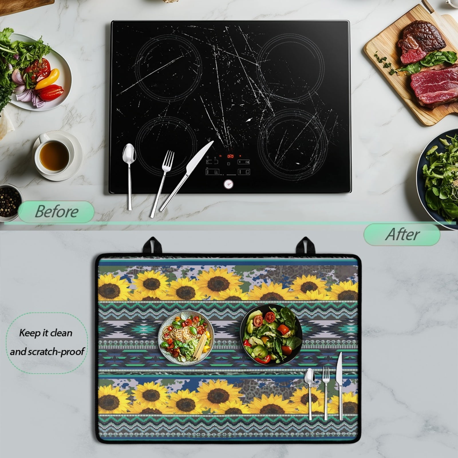 Renewold Stove Top Cover Protector for Glass Stove, Anti-slip Cooktop Mat Scratch Resistant Oven Mat Protector Range Cover Extra Kitchen Space, American Tribal Sunflower Cow Print Teal