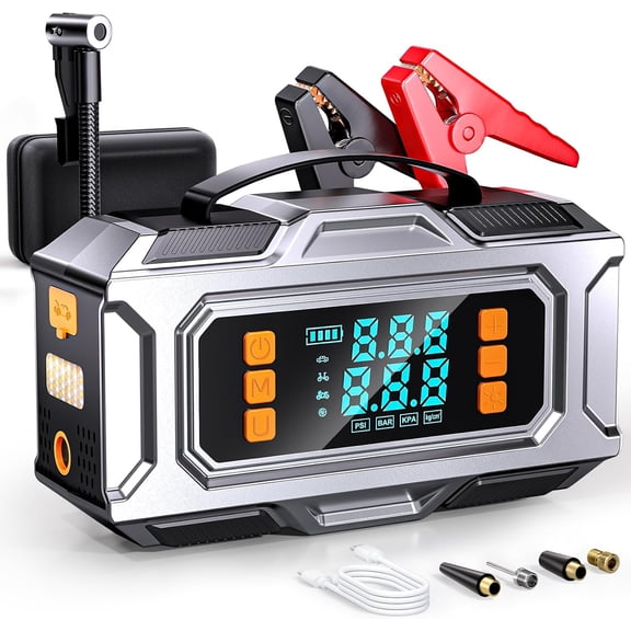 8000A Jump Starter with Air Compressor, 180PSI Auto-Shutoff Tire Inflator 12V Car Battery Jumper Starter Portable (9L Gas/8L Diesel) Engines, Jump Box with Jumper Cables, LED Light, Power Bank