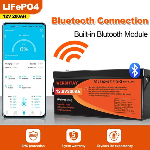12V 200Ah LiFePO4 Bluetooth Lithium Battery 2560Wh Deep Cycle RV Off-Grid Solar