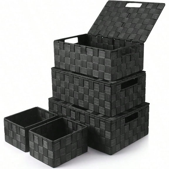 Storage Bins Baskets for Organizing with Lids Storage Baskets for Shees Stackable Woven Basket Gift Small Basket Storage Cubes Decorative Wicker Basket with Builtin Handles 5 Pack Black