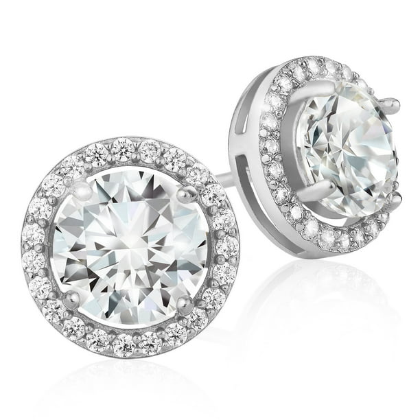 Lusoro 925 Sterling Silver Round Cut AAA Cubic Zirconia Halo Stud 