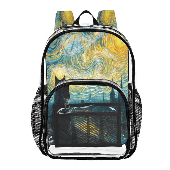 Clear PVC Backpack 12L Transparent Shoulder Bag with Mesh Pockets Black Cat under The Moon
