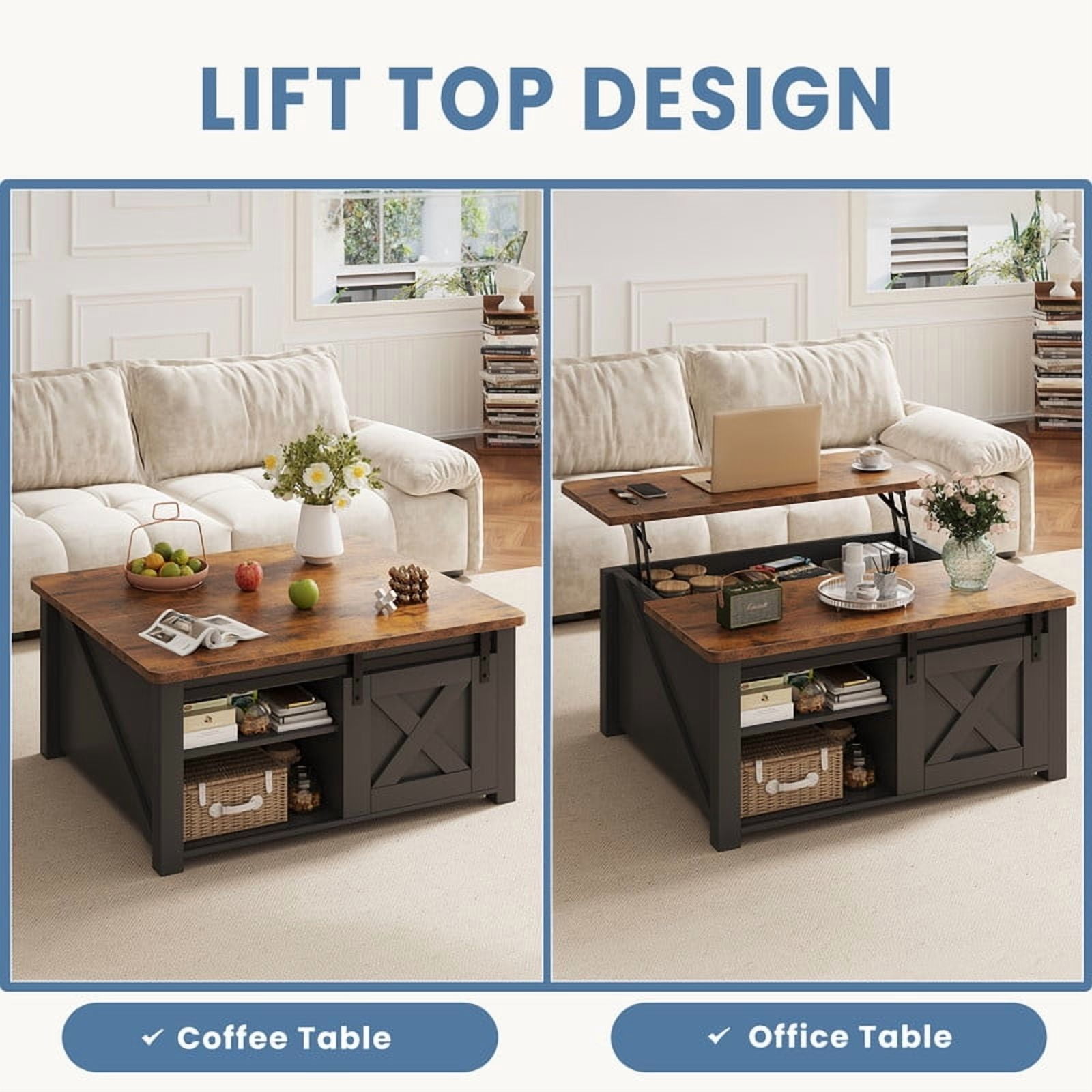 Gianna Lift Top Coffee Table with Large Hidden Storage, Adjustable Shelves, Black-new