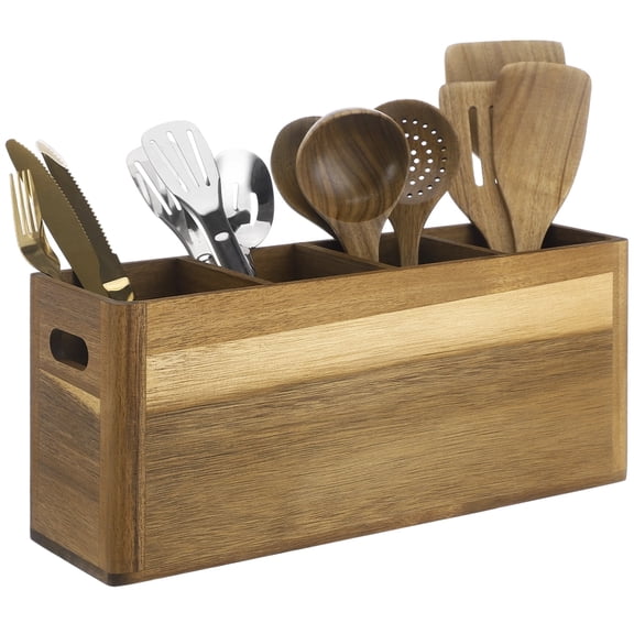 4-Compartment Wooden Kitchen Utensil Holder Organizer with Removable Dividers, Large Wood Utensil Container, 15.7 x 6.7 x 4.7 in Wooden Storage for Cooking and Silverware
