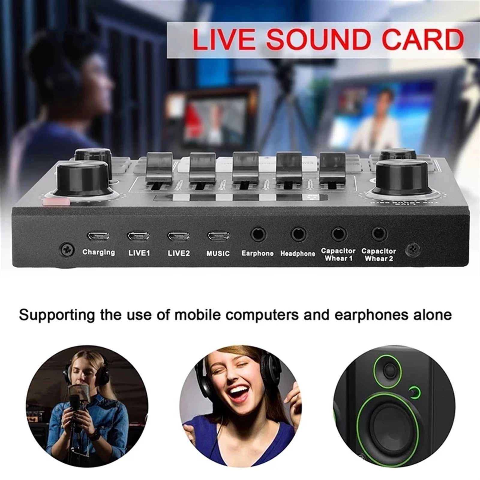 V9 Sound Card Stereo Audio Mixer with Effects and Voice Change for Computer Game Mobile Phone Live Broadcast ,Precision Control