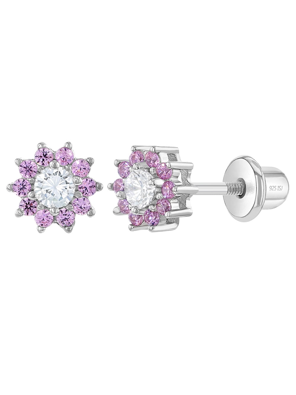 Pink & Clear CZ Flower Kids / Girls Earrings Screw Back - Sterling Silver