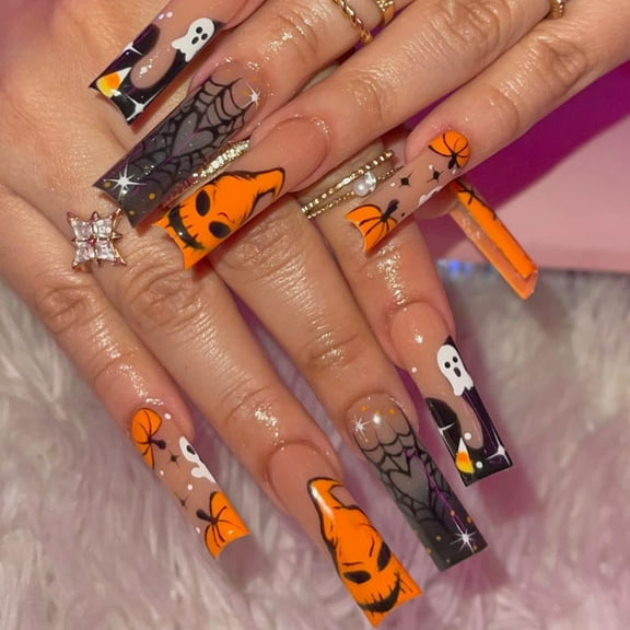 24Pcs Halloween Press on Nails Long Square Fake Nails French Tip False Nails with Pumpkin Design Glue on Nails Full Cover Artificial Holiday Stick on Nail for Women