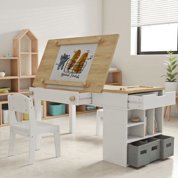 Kids Desk and Chair Set with Storage Shelf, Wooden Study Table for Learning, Writing, Drawing & Reading at Home
