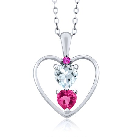 925 Sterling Silver Sky Blue Aquamarine Pink Created Sapphire and Pink Sapphire Pendant Necklace for Women (0.92 Cttw, Gemstone March Birthstone, Heart 5MM and 4MM, with 18 inch Silver Chain)
