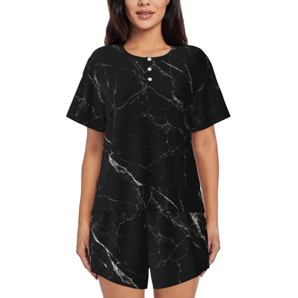 Balery Black Marble Texture Abstract Conjunto de Pijama para Mujer con Estampado, Dos Piezas de Manga Corta y Shorts, Ropa de Dormir Suave con Cuello Redondo y Bolsillos-Large