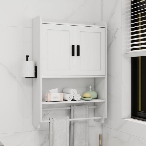White Bathroom Wall Cabinet with Doors Adjustable Shelf Towel Bar and Paper Holder Over The Toilet Storage Medicine Cabinet Wood and Metal Construction