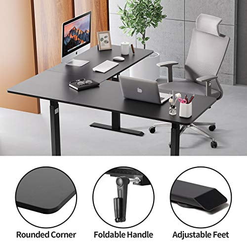 UNICOO® L Shaped Crank Height Adjustable Standing Desk, Sit to Stand up Corner Desk, L-Shaped Standing Workstation (Black Frame/Black Top - L Shape Crank)