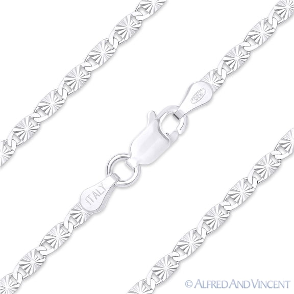 2.4mm Valentino Link D-Cut Pave Italian Chain Necklace in .925 Sterling Silver w/ Rhodium Plating