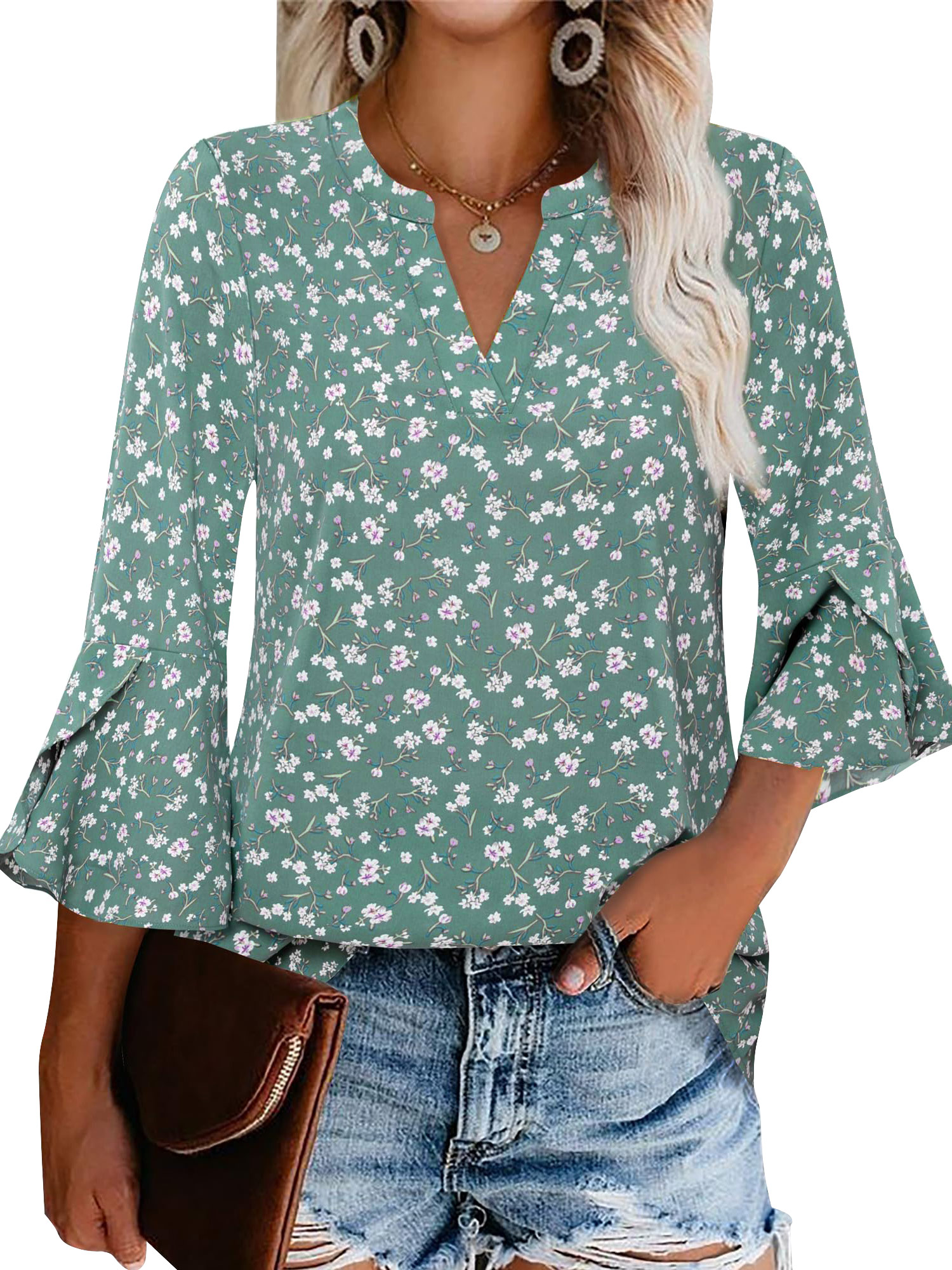 TEMOFON Blouses for Women 3/4 Length Sleeve Womens Boho Tops Floral Shirts Shorts Sleeve Clothes for Summer Dressy V Neck Green XL