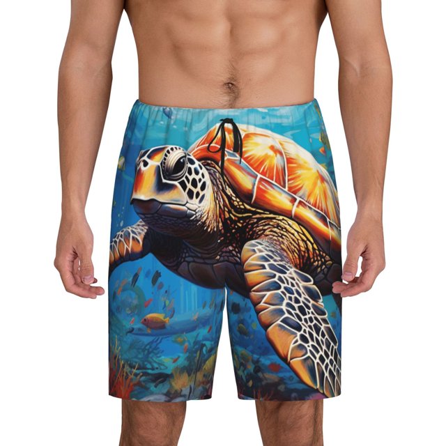 Balery Colorful Underwater Sea Turtle Pantalones cortos de pijama de punto de algodón para hombre con cinturilla y bolsillos-4X-Large