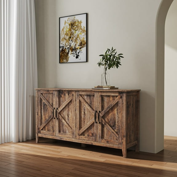 Noble House Lira 59" Contemporary 4-Door Storage Cabinet, Open Shelves Wooden Sideboard, Melamine Finish, Espresso