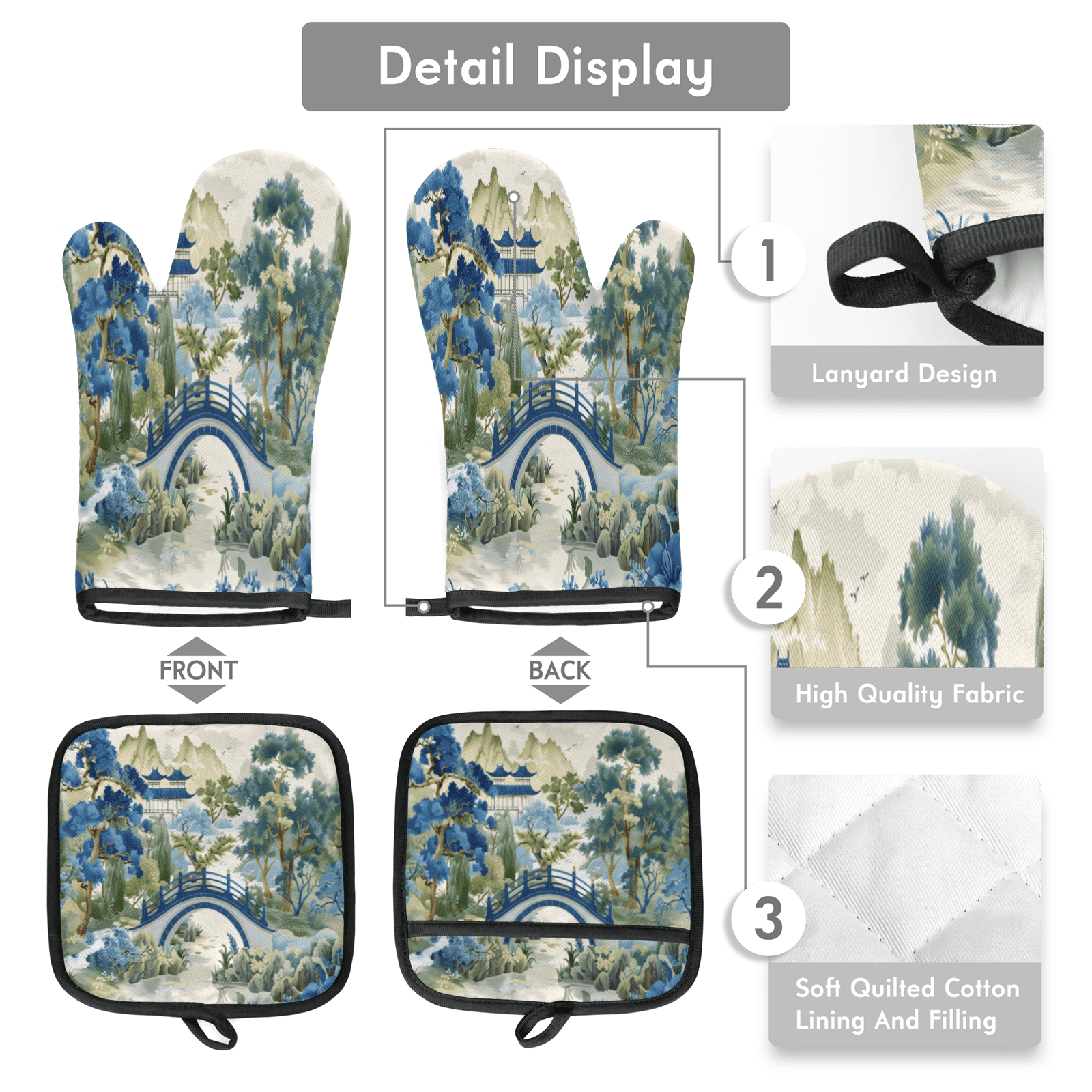 CURLYOOT Japanese Style Asian Blue Green Oven Mitts and Pot Holders Sets of 2, Non-Slip Washable Hot Pads and Oven Gloves for Kitchen Cooking Baking