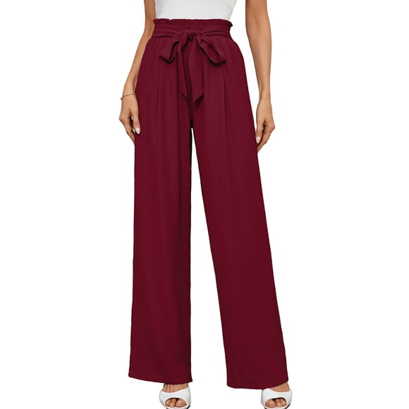 Chiclily Women Wide Leg Pants with Pockets High Waist Tie Knot Casual Trousers, US Size Medium in Burgundy Stripe