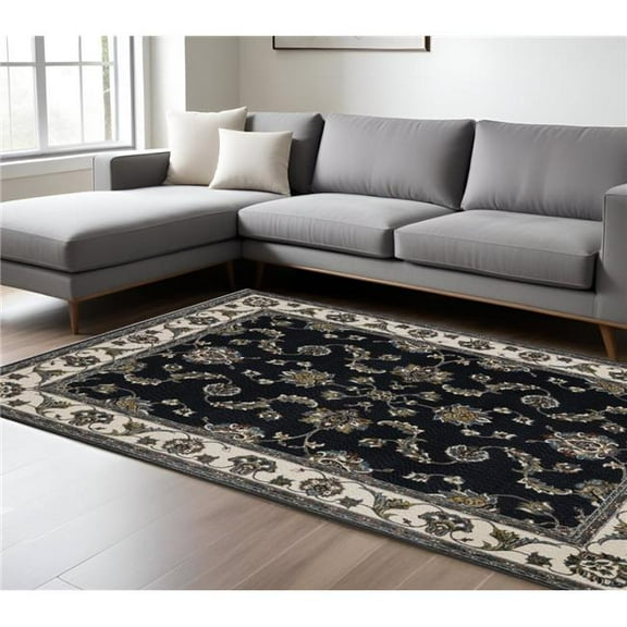 HomeRoots 576145 8 x 11 ft. Oriental Machine Made Rectangle Area Rug with Fringe, Navy Blue & Ivory