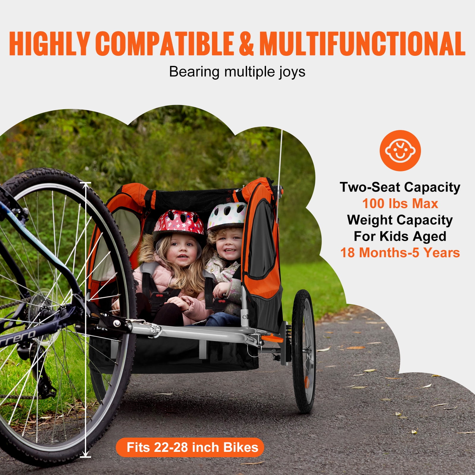 SKYSHALO 100 lbs Foldable 2 Seater Child Bike Trailer, Blue Gray