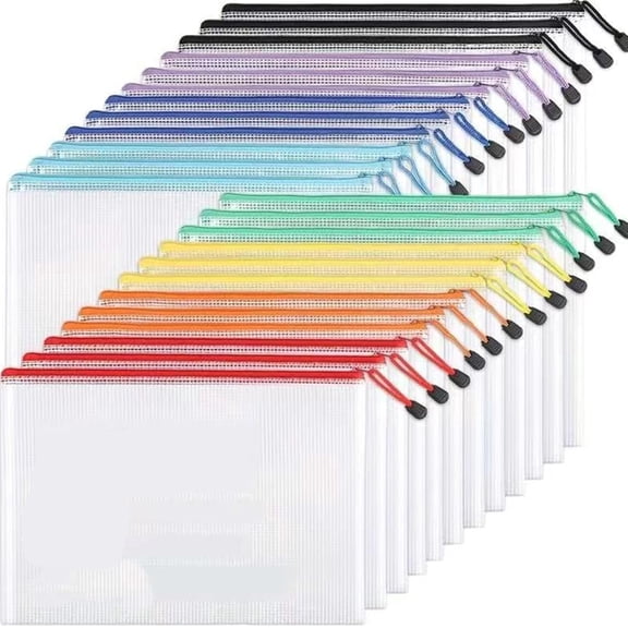 zrova 24 Pcs A4 Mesh Zipper Pouch Bags, Thickened PVC Organizer Bags, Waterproof Foldable Zipper Pouches for School Office Home Supplies & Board Game Storage