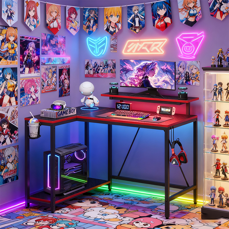 Pinmoco 42" Reversible L-Shaped Gaming Desk with Monitor Stand, LED Lights& Headset Hooks, Home Office, Carbon Fiber Black Pinmoco 42" Reversible L-Shaped Gaming Desk with Monitor Stand, LED Lights& Headset Hooks, Home Office, Carbon Fiber Black - Image 2