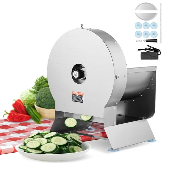 VEVOR Electric Vegetable Slicer, 0-0.5"/0-12mm Thickness Adjustable Commercial Slicer Machine, Convertible to Manual, Stainless Steel Food Cutter Slicing Machine, Large Feed Port for Potato