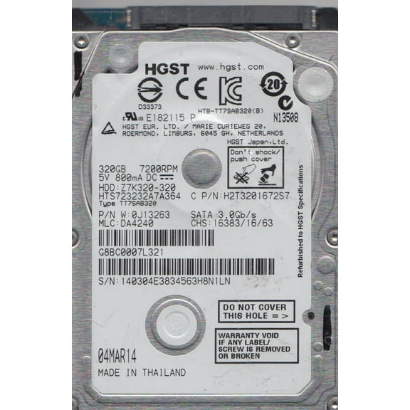 HTS723232A7A364, PN 0J13263, MLC DA4240, Hitachi 320GB SATA 2.5 Hard Drive