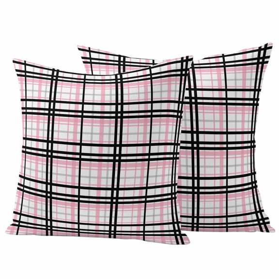 Pink Black Plaid Outdoor Pillow Covers, Waterproof Decorative Throw Pillowcases Set of 2, Farmhouse Pink Black Checkered Couch Cushion Cases with Zipper for Outside Patio Garden Sofa 20"x20"