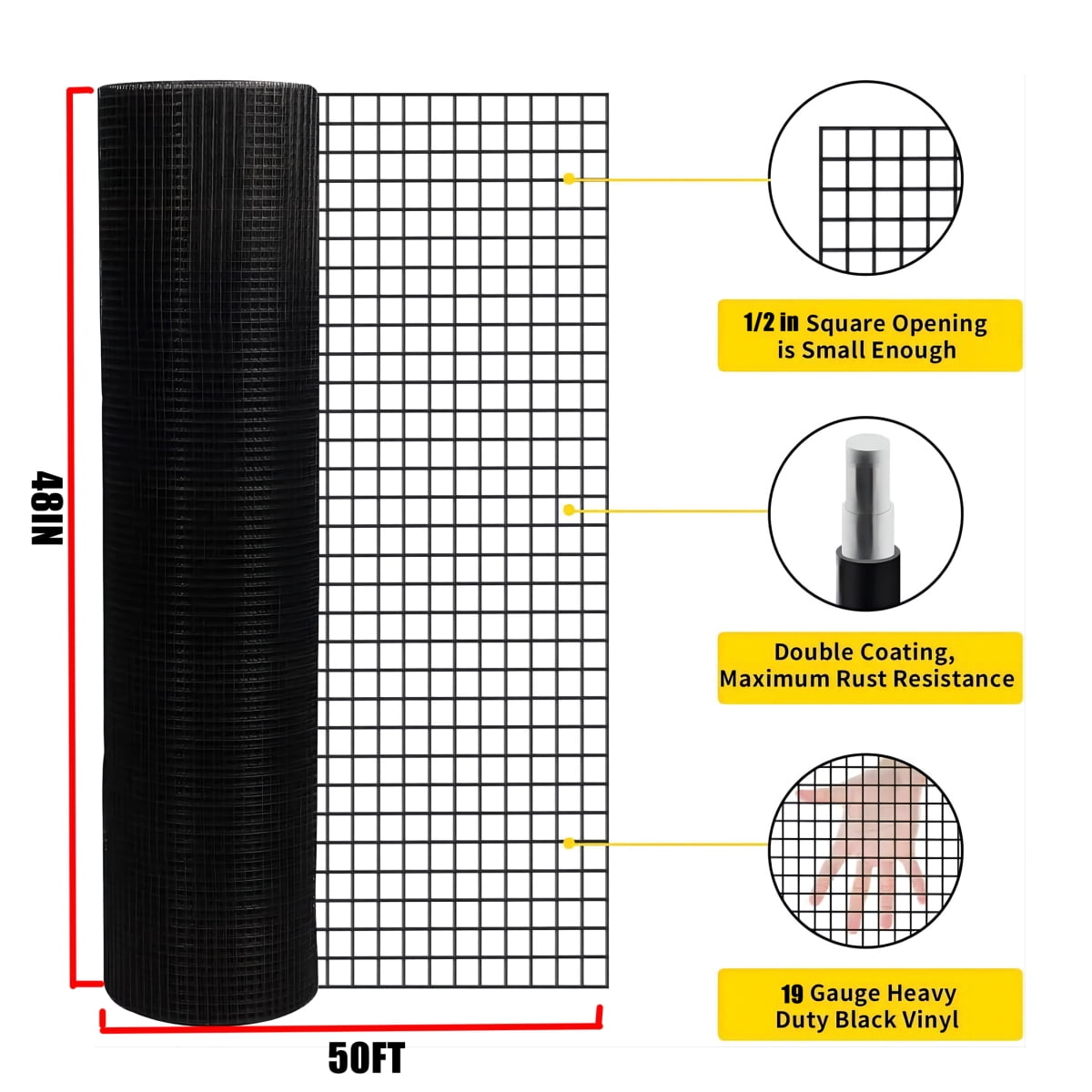 48in x 50ft Black Vinyl Coated Hardware Cloth, 19ga 1/2in Mesh Welded Wire Fence Roll for Chicken Coop, Garden Raised Beds, Animal Enclosure, Pest Control & DIY Outdoor Home Improvement